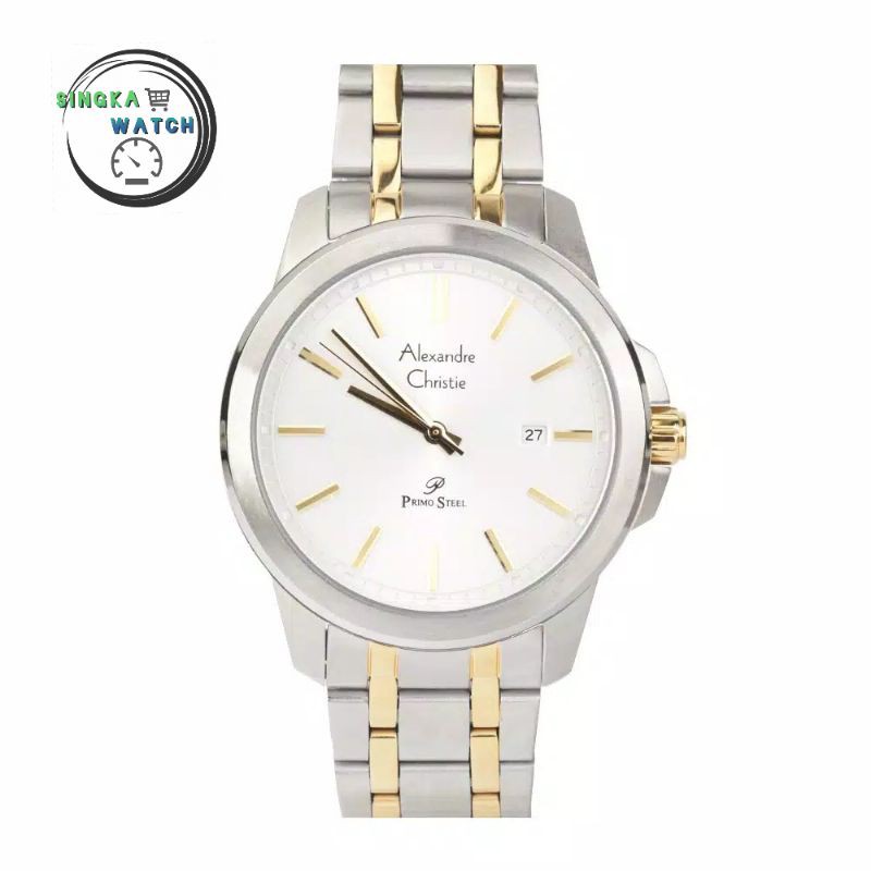 JAM TANGAN COWOK ALEXANDRECHRISTIE AC ORIGINAL SERI 1017MD RANTAI SILVER GOLD