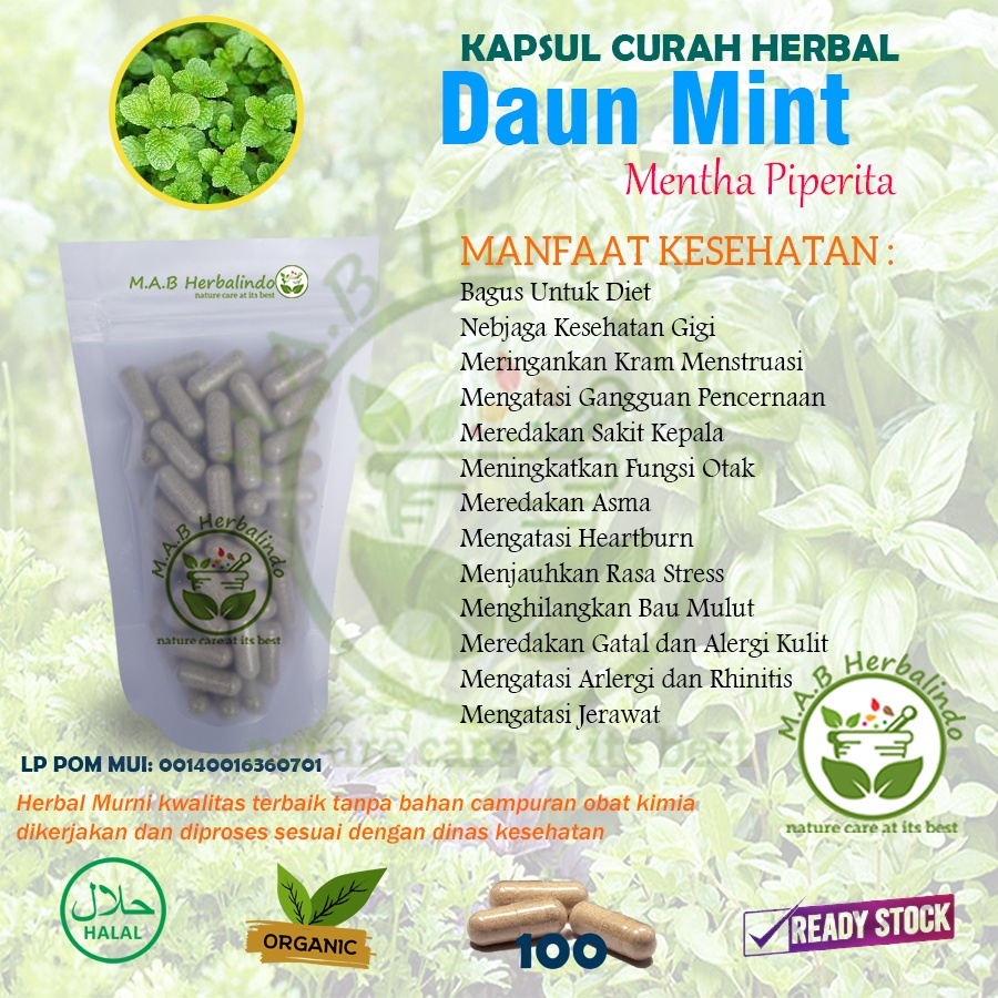 DAUN MINT 100 Kapsul Curah Herbal Diet Jerawat Fungsi Otak Stres Gigi