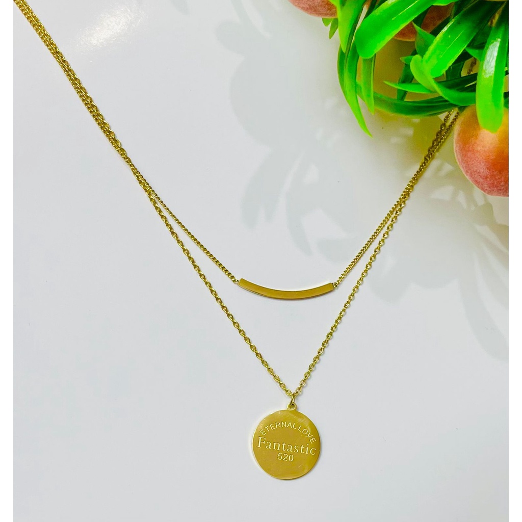 COD! kalung titanium wanita 2layer liontin koin anti karat import