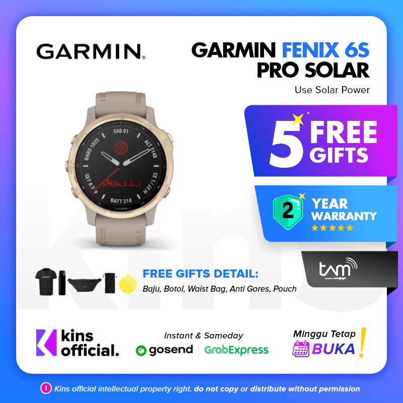 Garmin Fenix 6S Pro Solar Light Gold with Shale Gray Band - Resmi TAM