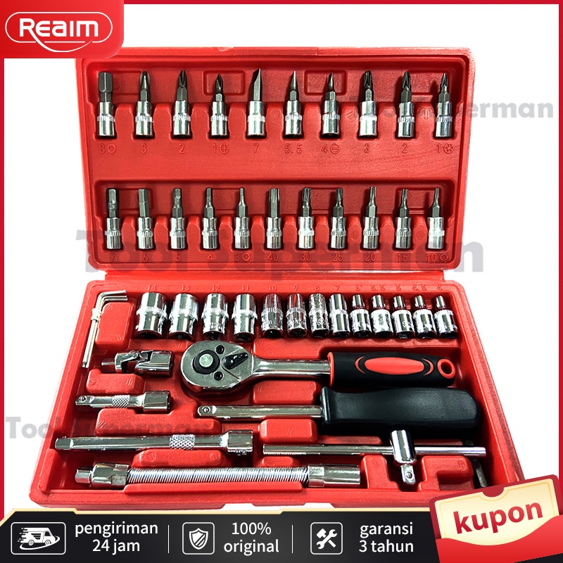REAIM Kunci Socket Wrench 46 pcs (1/4&quot; ) kunci kunci motor lengkap  kunci shock set / Set Kunci Sok Kunci Shock / Socket Wrench Car Repair Tool L Motor Mobil