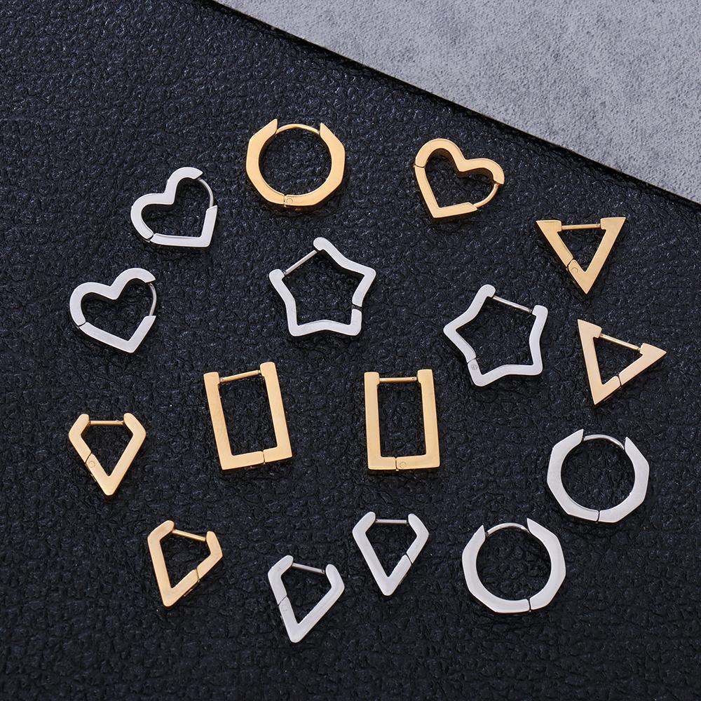 PREVA Huggie Hoop Earring Women Stainless Steel Star Heart Gold Silver Black Polygon Ear Piercing