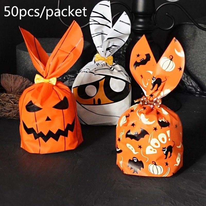 50 Pcs Tas Kemasan Kue Biskuit Permen Roti Motif Kartun Labu Hantu Telinga Kelinci Halloween