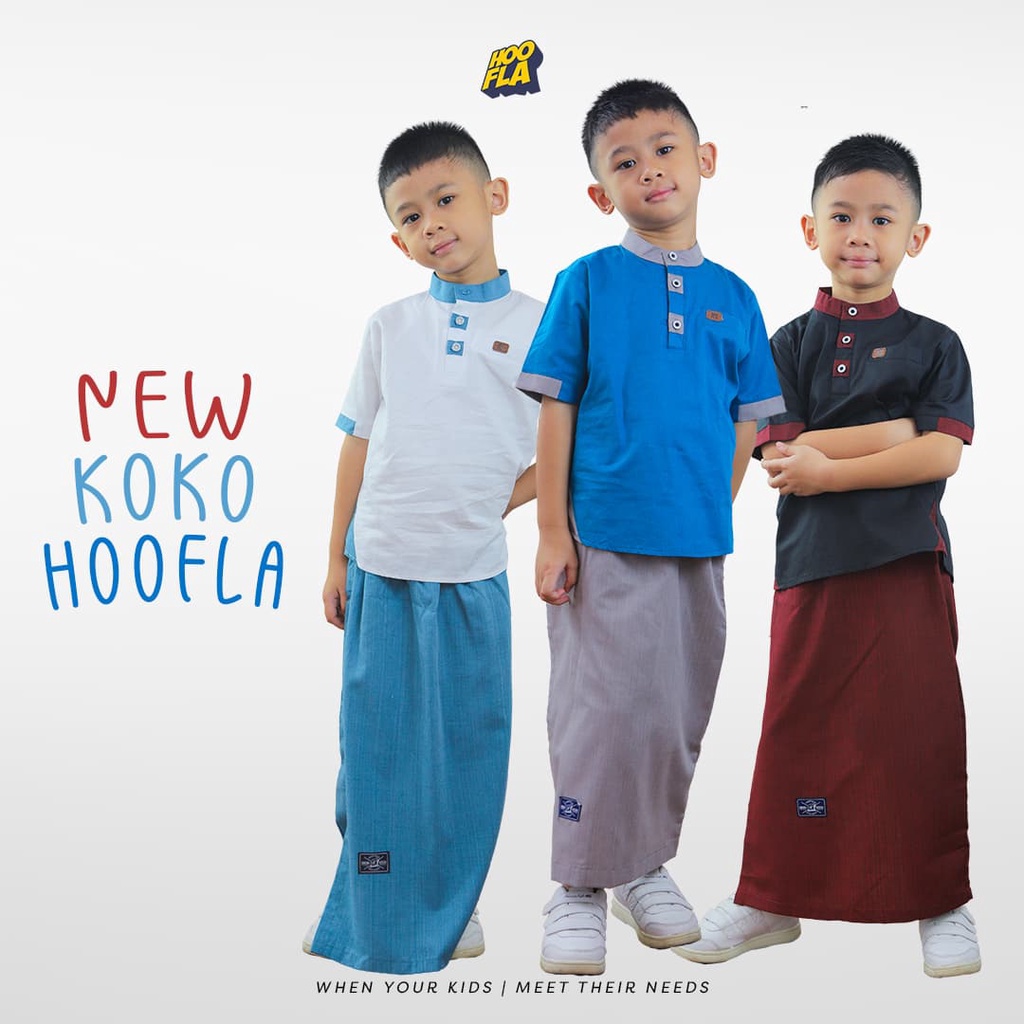 New Koko Hoofla Set Baju Koko Anak Dan Sarung Celana Sarcel Kids Pakaian Muslim Laki