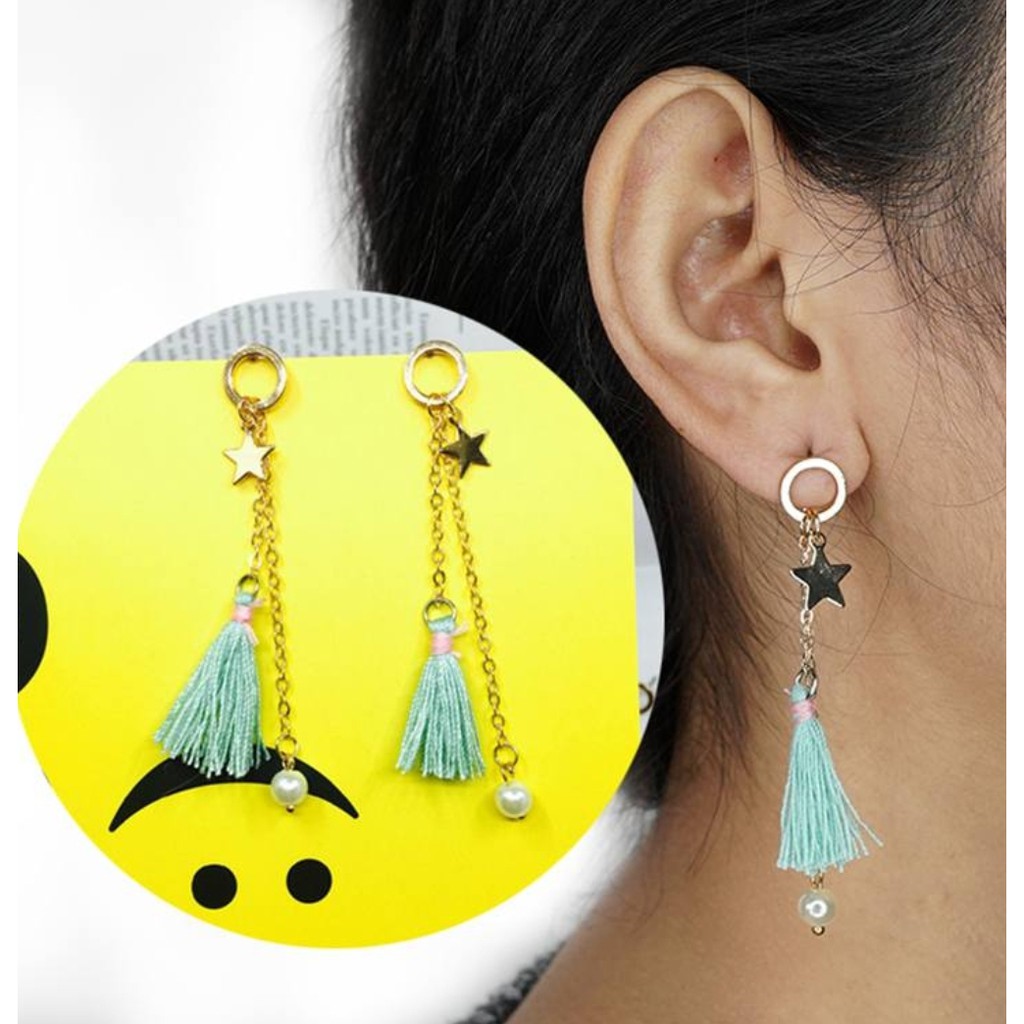 Anting rantai panjang tassel hijau tosca star - A199