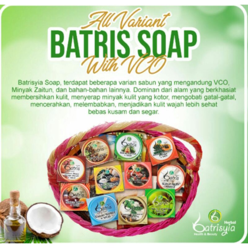 Sabun VCO batrisyia herbal untuk muka cerah anti kusam jerawat aroma kopi, greentea, beras, madu, kefir