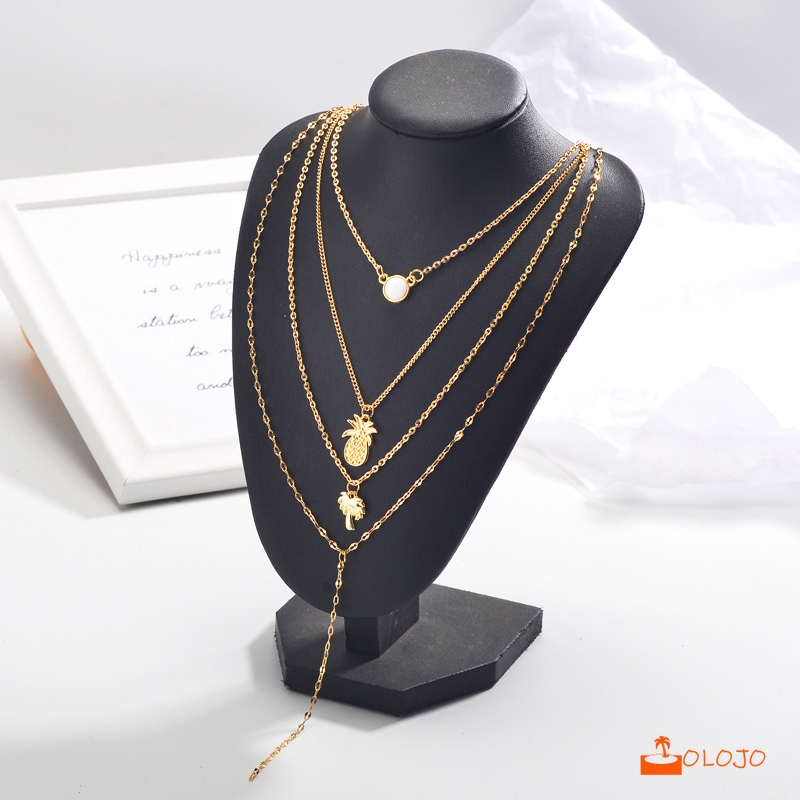 OLOJO Ins Angin Kalung Empat Lapis Kalung Nanas Pohon Kelapa Rantai Klavikula Necklace