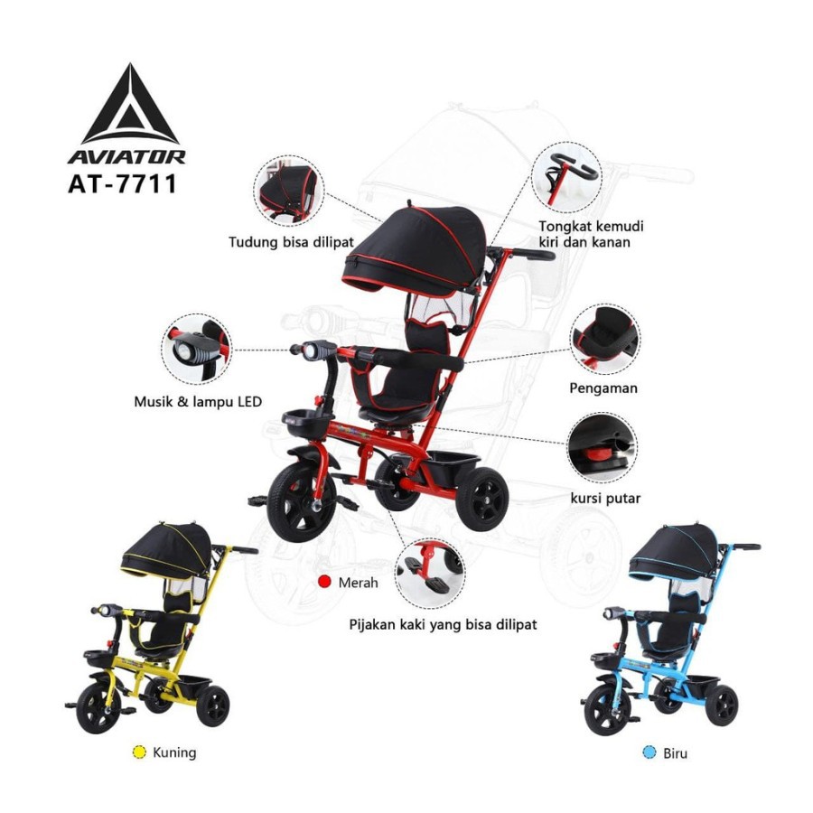 Sepeda Roda Tiga Aviator AT 7711 Stroller Kursi Putar Musik Tricycle