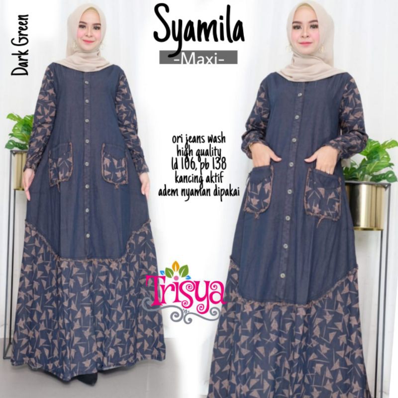 Terbaru, Gamis Syamila Maxy By Trisya, Bahan Jeans Wash Ori, Kancing Aktif