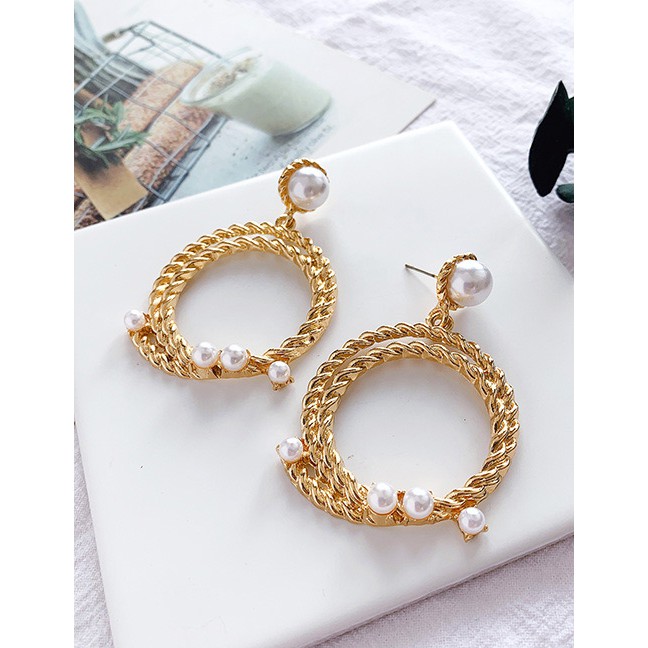 LRC Anting Fashion Fashion Gold Alloy Double Hemp Wreath Earrings F54116