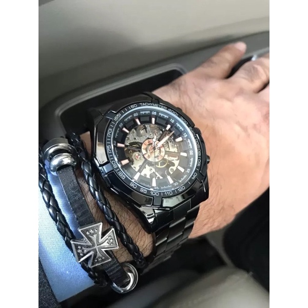 Jam Tangan Mekanik Automatic Forsining Skeleton Movement Sporty Bisnis All Black