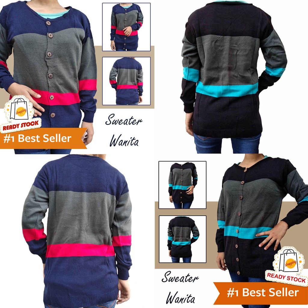 Sweater Rajut Line Wanita Woman Fashion Terbaru 2021 Kancing Baju Lengan Panjang Cardygan Rajut