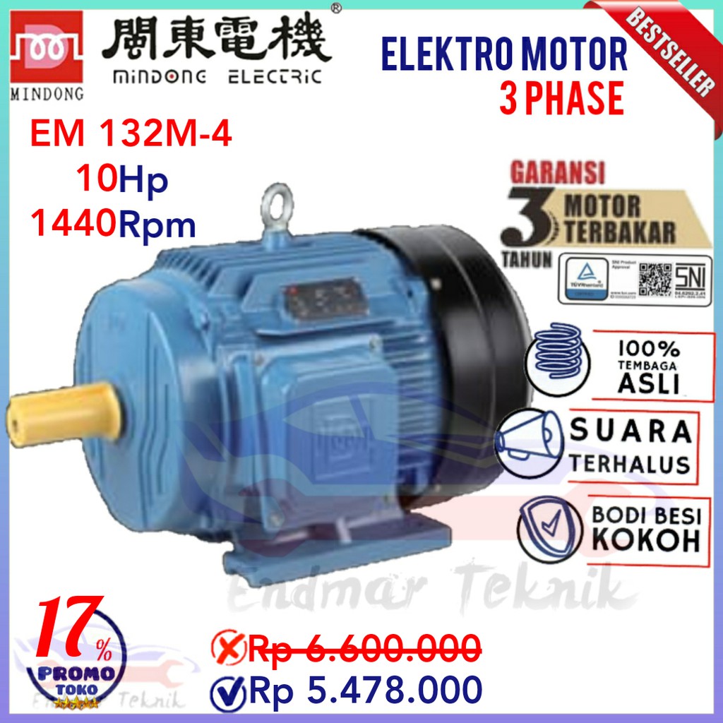 Dinamo elektro motor 3 phase 10 hp 10 pk 1440 Rpm Mindong EM 132M-4