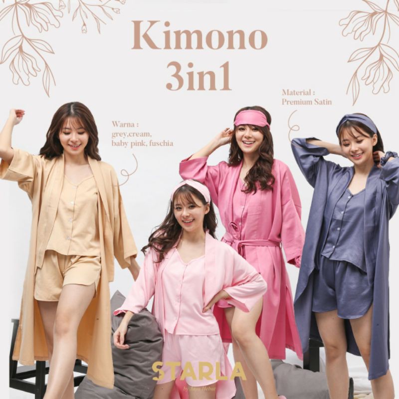 KIMONO SET 3IN1 BAJU TIDUR PIYAMA SATIN WANITA SATEN PREMIUM DEWASA KIMONO STARLA PHOEBE