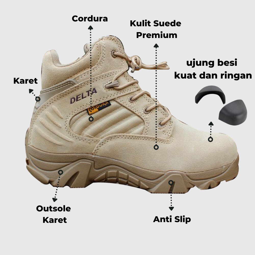 DELTA TACTICAL LOW Sepatu Boot Tactical Pria Ujung Besi dengan Resleting Warna Cream Ukuran 39-44 Se
