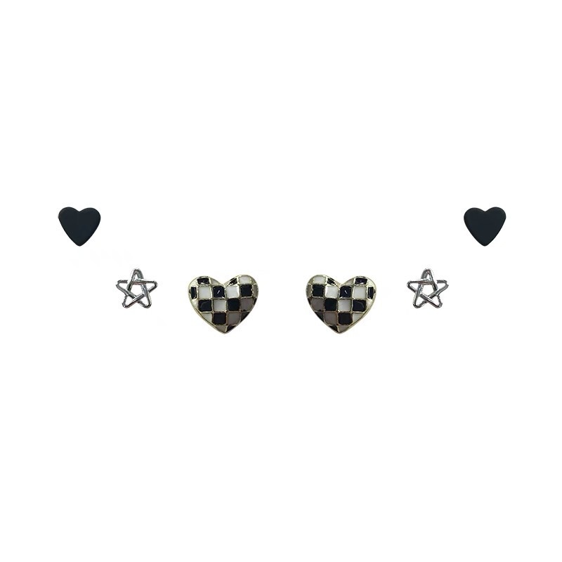 6pcs / Set Anting Tusuk Bentuk Hati / Bintang / Papan Catur Warna Hitam Untuk Wanita