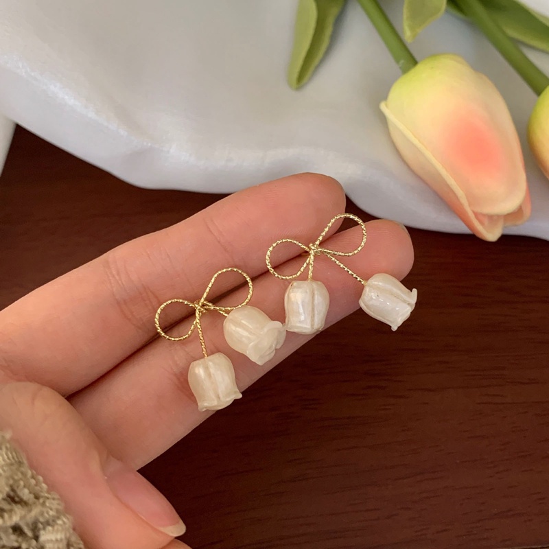 Fancyqube Anting Juntai Bentuk Bunga Tulip Warna Emas Putih Untuk Wanita