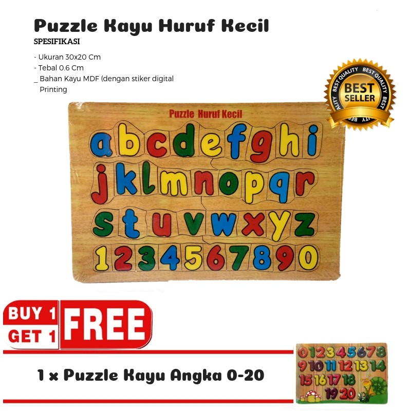 Mainan Kayu Pintar Buy 1 Get 1 Puzzle Kayu Huruf Kecil  (Free Puzzle Kayu Angka 0-20)