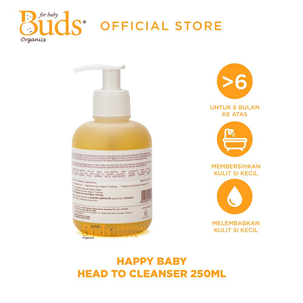 Buds Organics - Happy Baby Head To Toe Cleanser 250ml - Sabun Shampoo 2in1 Bayi Organik