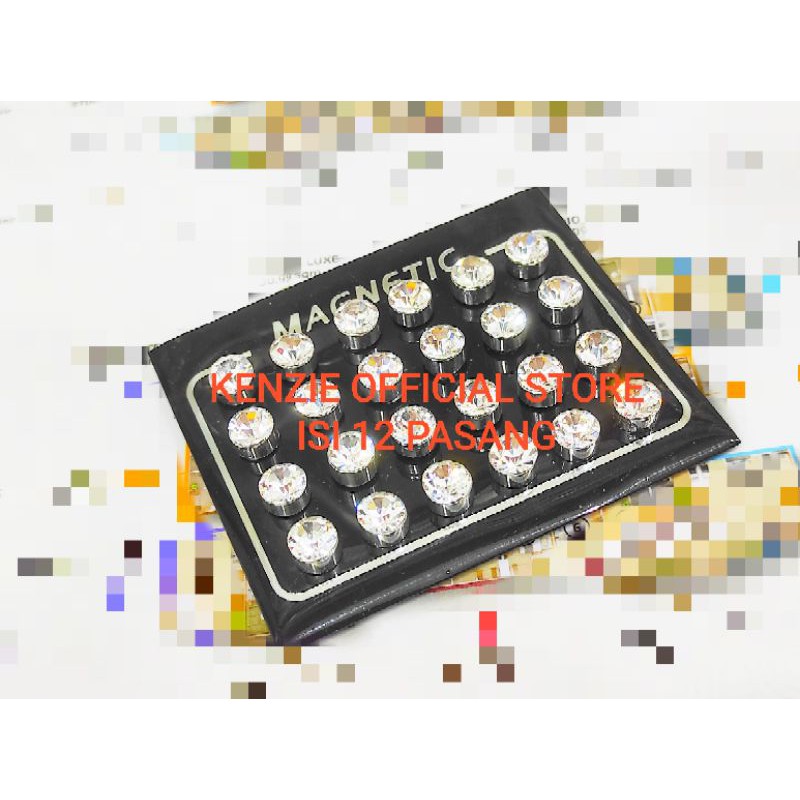 Anting magnet kristal isi 12 pasang mata warna putih dan warna warni