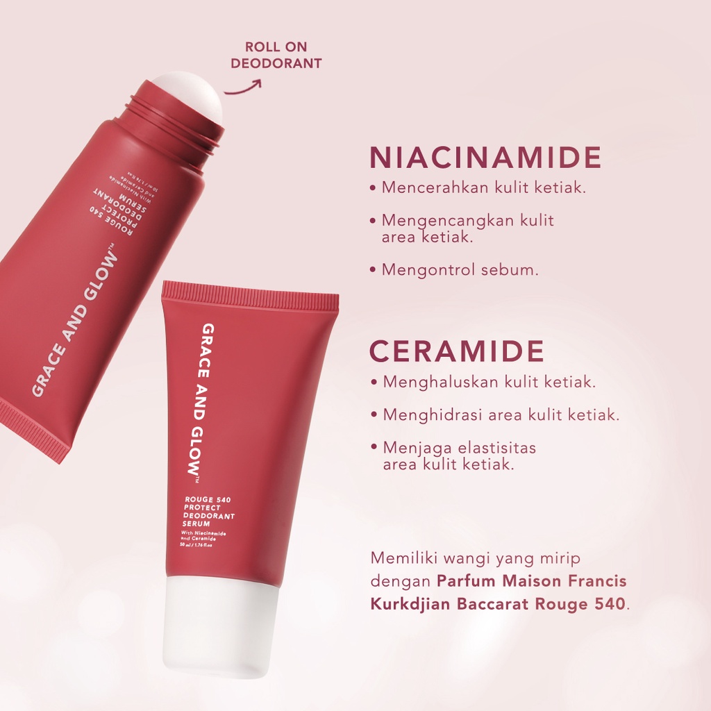 Grace and Glow Rouge 540 Protect Deodorant Roll On Serum 50 ml - Menghaluskan Kulit Ketiak with Ceramide【BPOM】