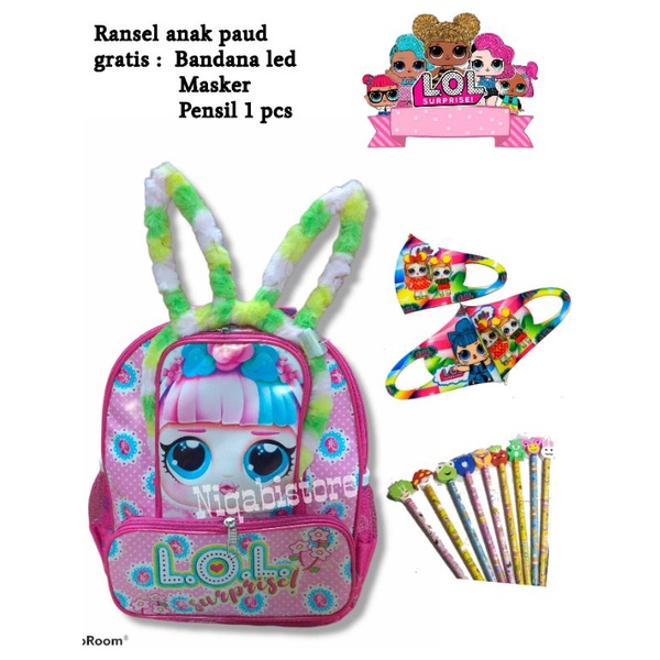 Tas ransel anak paud TK gratis bandana led masker dan pensil