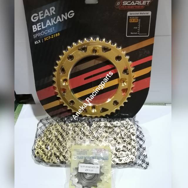 Gir set klx scarlet racing gold ukuran 43 sampai 50 rantai expedition / gear set klx scarlet gold