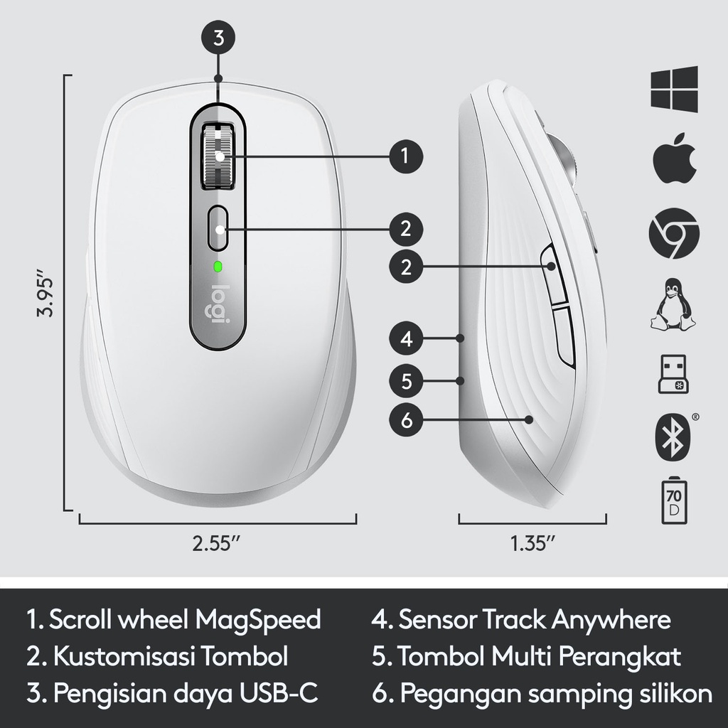 Logitech MX Anywhere 3 Mouse Wireless Performance Compact - Pale Gray