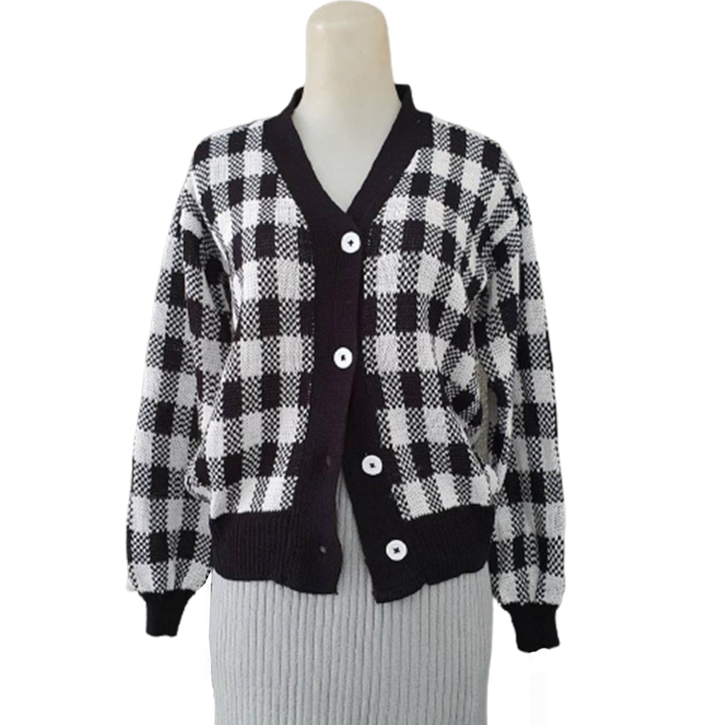 Vallina Plaid Knit Cardigan | Outer Rajut Kotak Kardigan Muslim Wanita Korean Style-2