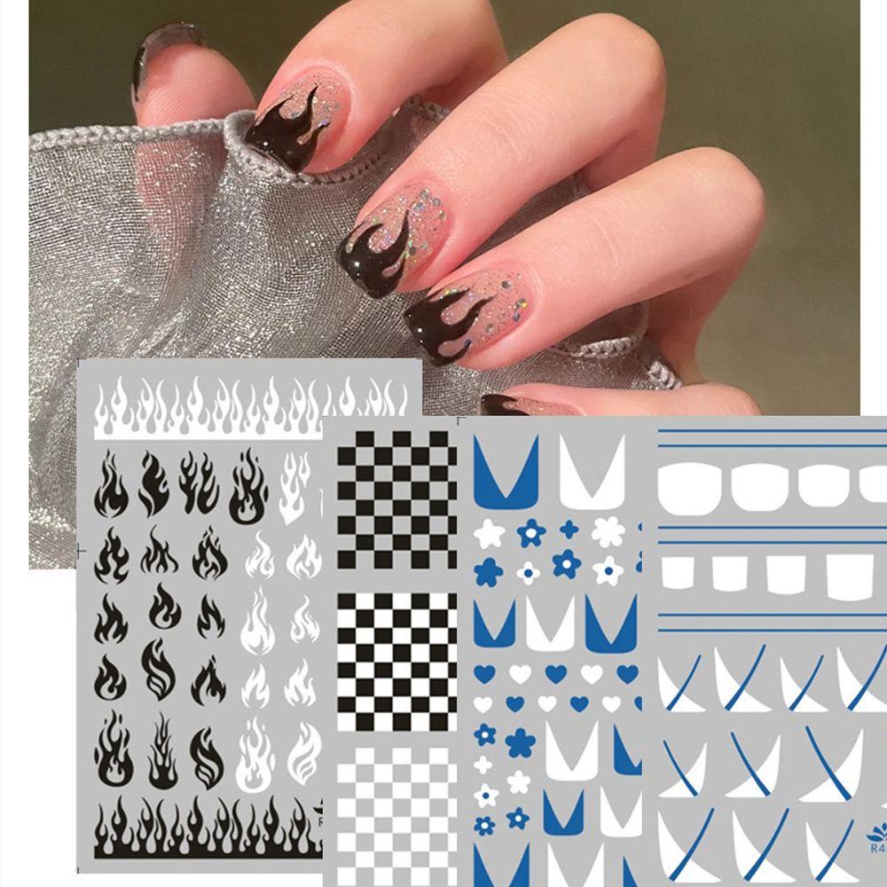 AUGUSTINA Agustin 3D Flame Nail Art Stiker Gaya Perancis Klein Biru INS Beruang Lucu Checker Manicure Aksesoris Gadis Geometris DIY Dekorasi Nail Art