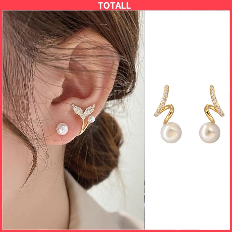 COD Anting Fashion Korea Tusuk Silver 925 Wanita Desain Ekor Ikan Hias Mutiara 2022-Totall