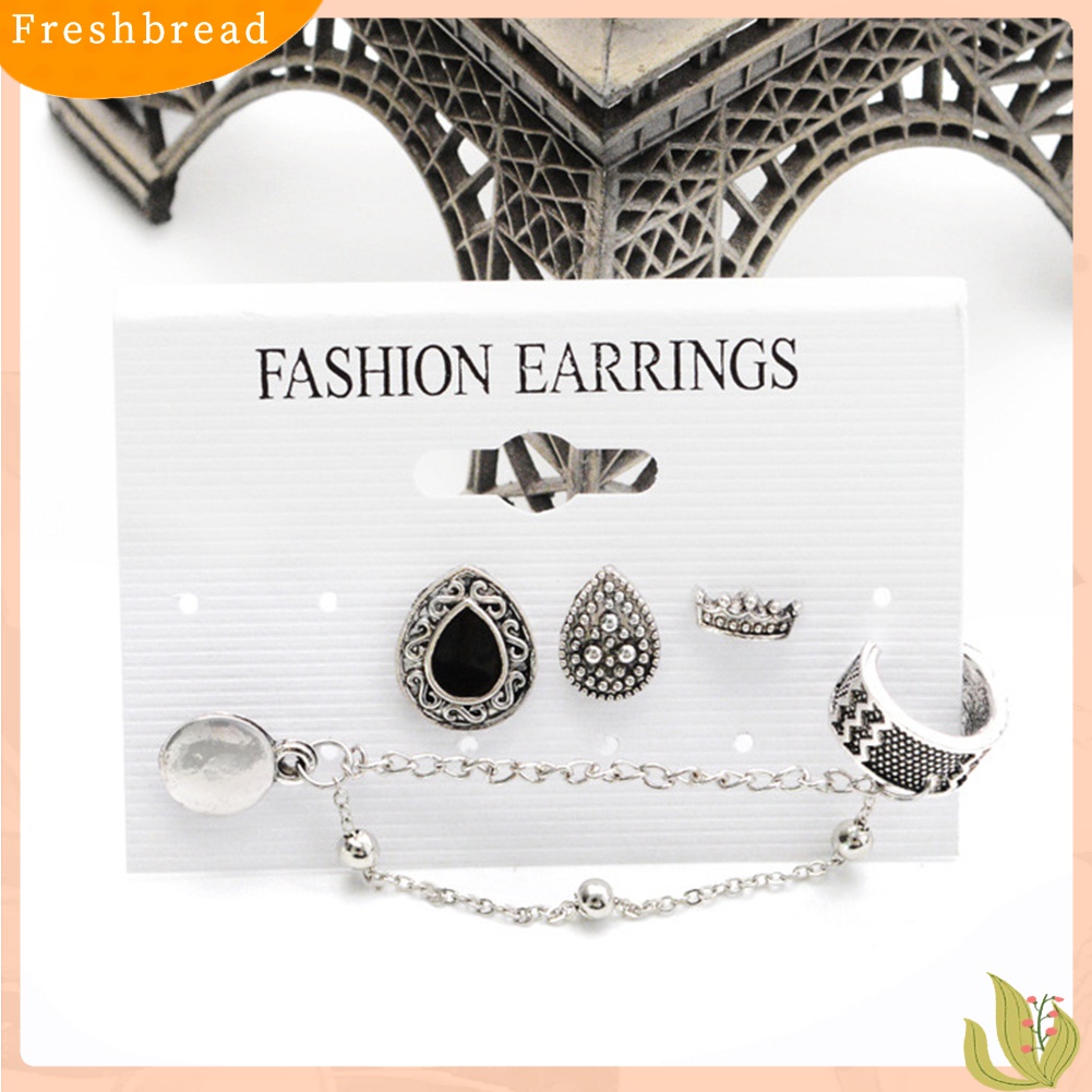 【Fresh】❀4 Pcs Boho Crown Teardrop Charms Ear Studs Earrings Lady Chain Clip Earring Set