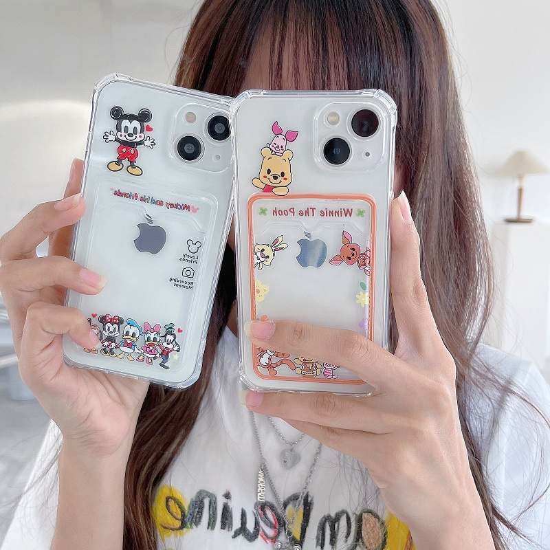 Soft Case Transparan Desain Winnie the Pooh Mickey Card Sleeve Untuk iPhone 12 13 Pro MAX 11 X XR XS MAX