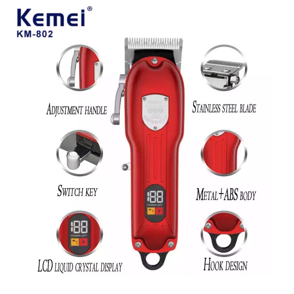 Kemei Alat Cukur Rambut KM-802 Hair Clipper Professional Taper Elektrik Indikator Digital Cukuran Kemei KM 802