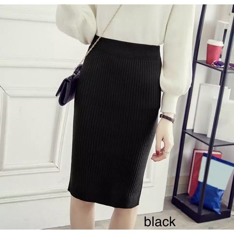 rok rajut span pendek/rok midi belah samping//rok wanita medium skirt korea