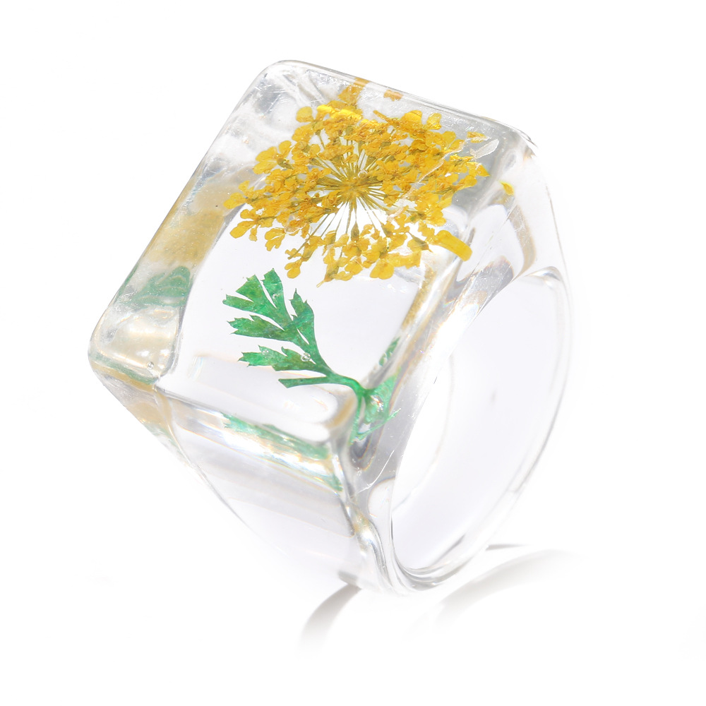 Amber transparent square ring female personality simple immortal flower cross-border ring finger ring