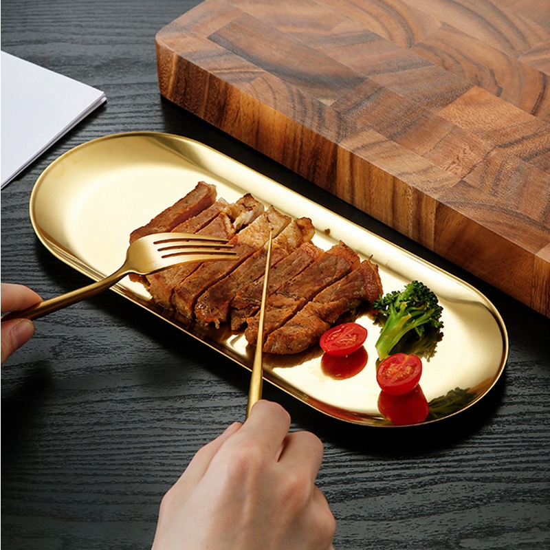 Nampan Penyimpanan Handuk / Kue / Buah / Steak / Dessert Bentuk Oval Bahan Stainless Steel Warna Emas / Silver Untuk Dapur