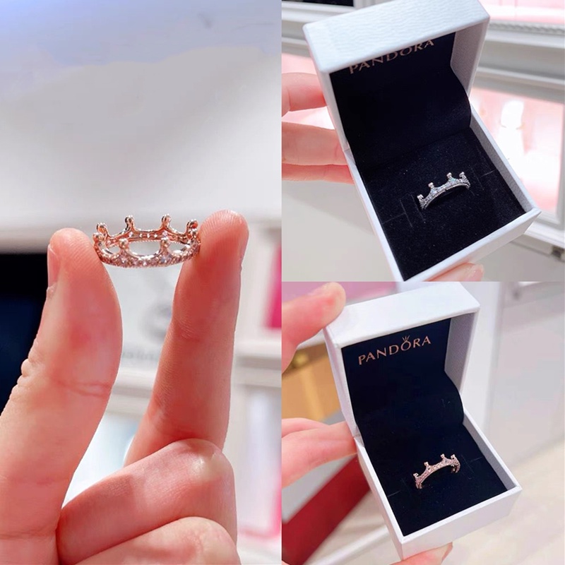 Cincin S925 Silver Desain Mahkota Pandora Aksen Berlian Kubik Zirkonia Gaya Klasik Untuk Pernikahan