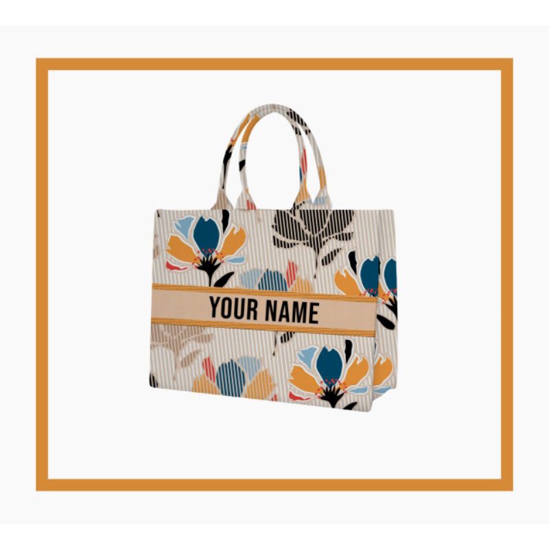 Tas Custom Print Motif Bunga Cream Garis Biru