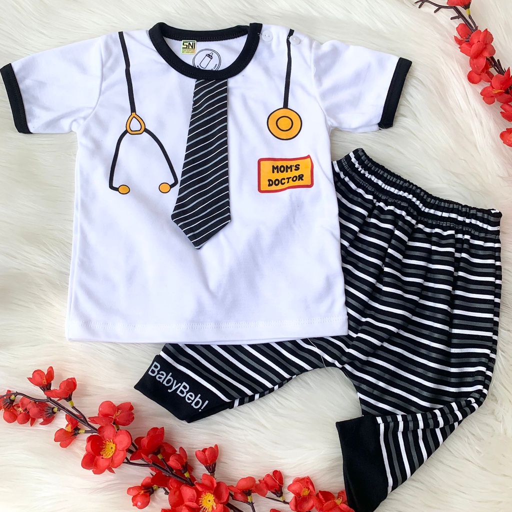 Baju kaos setelan motif dasi anak lucu hitam biru bestseller fashion anak bayi cowok laki murah -mom