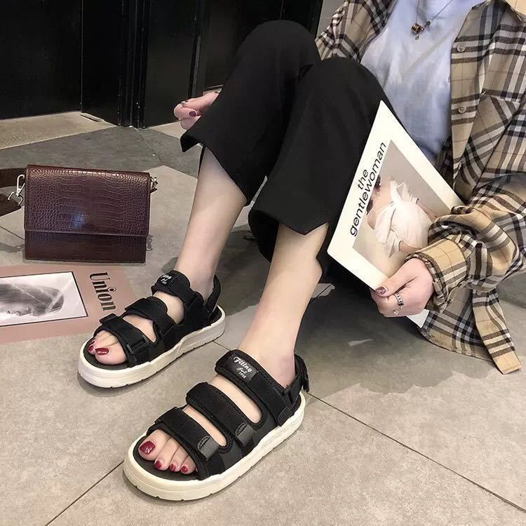 [littlecrab] Sandal Gunung Hitam Putih Cream Sandal Wanita Berkualitas Hak Tinggi Sandal Tali Tiga Selop Kasual Kekinian Triple Strap Korean Style