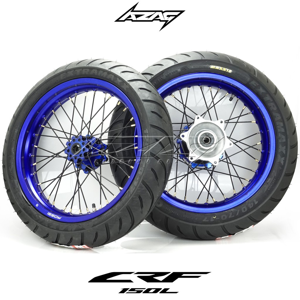 BAN SET SUPERMOTO CRF 150L TROMOL BIRU HITAM VELG BIRU BAN MAXXIS