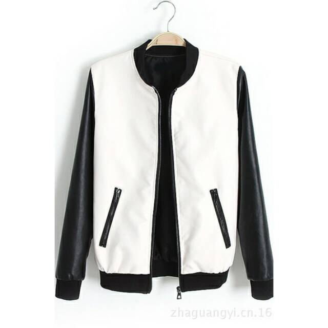 Jaket bomber baseball semi kulit pria hitam putih black and white leather jacket for man