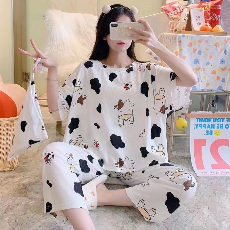 PIYAMA DEWASA WANITA KARAKTER BAHAN KATUN KAOS + CELANA PANJANG IMPORT KARTUN NEW! / BAJU TIDUR SETELAN IMPORT-Cow (White)