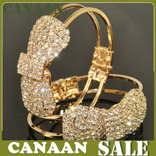 Canaan Gelang Tangan Lapis Emas Model Terbuka Desain Pita Hias Kristal Untuk Wanita