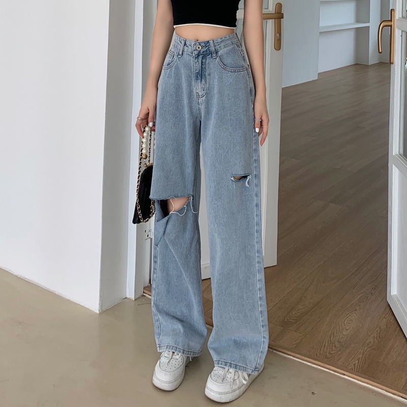 ✅COD new biru muda high waist sobek celana jeans panjang wanita