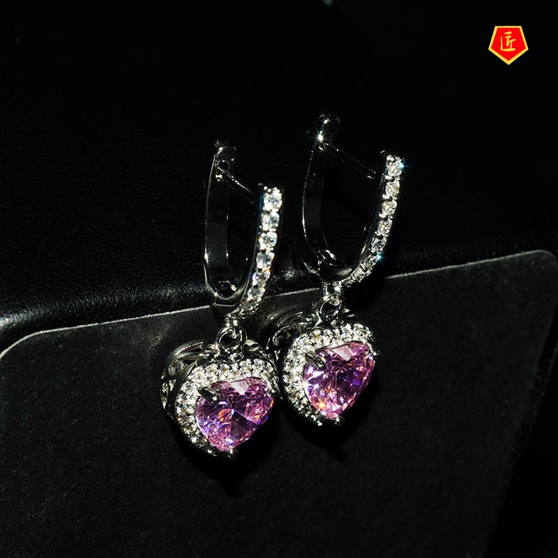 [Ready Stock]Heart-Shaped Pendant Luxury Pink Crystal Earrings Open Ring Set