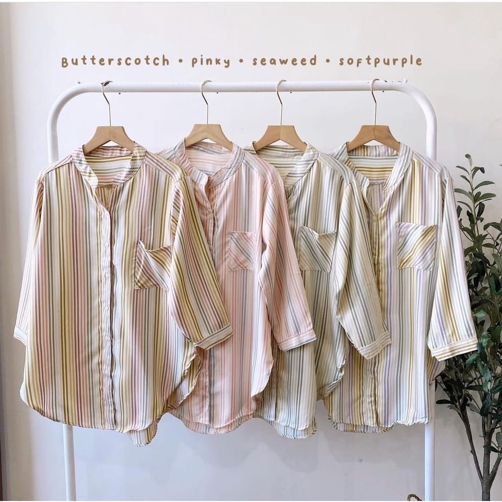 QR - ZEC OOTD Wanita Oversize Blouse Stripe Shirt Basic / Kemeja Rainbow / Hem Shanghai Garis
