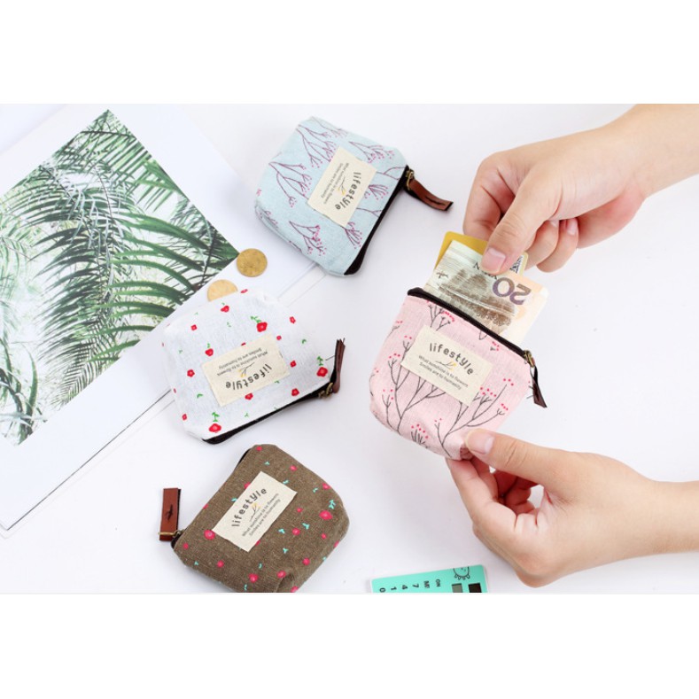 Pouch Mini BUNGA TABUR / Dompet Koin Motif Gambar BUNGA TABUR Bahan Kanvas Dengan Resleting