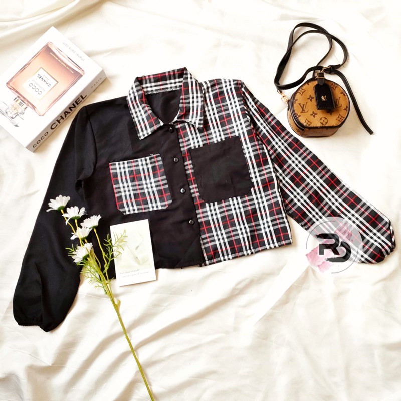 MIKA CROP TOP BLOUSE / KEMEJA WANITA / KEMEJA CROP WANITA TARTAN /KEMEJA TWO TONE KOTAK / BLOUSE KEKINIAN-KOTAK BB HITAM